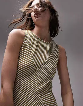 Зеленое и белое платье миди в полоску с вставками Topshop