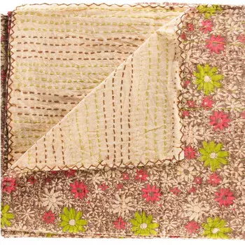 Зеленое и коричневое хлопковое одеяло Kantha с цветочной вышивкой размером 50 x 70 дюймов Homezia, цвет Multicolored
