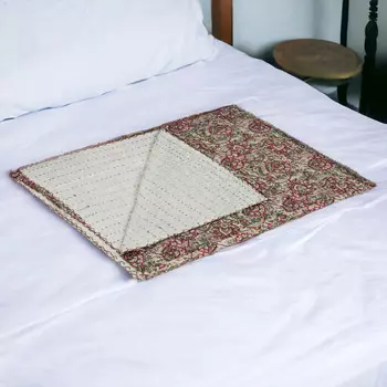 Зеленое и красное хлопковое дамасское одеяло Kantha размером 50 x 70 дюймов с вышивкой Homezia, цвет Multicolored
