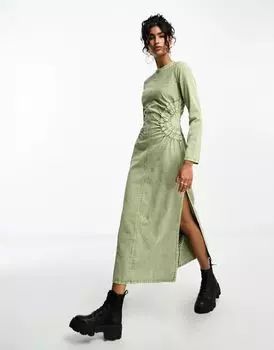Зеленое кислотно-зеленое платье миди из стираного твила ASOS с круглыми деталями по бокам