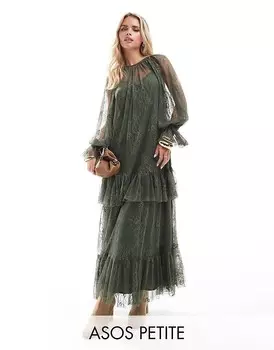 Зеленое кружевное платье макси с рюшами ASOS DESIGN Petite
