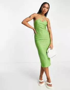 Зеленое кружевное платье миди с лямкой на шее Topshop