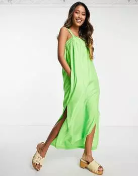 Зеленое льняное платье миди со сборками и квадратным вырезом Topshop