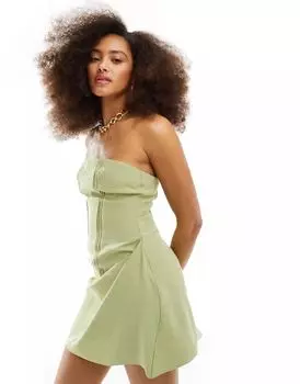 Зеленое льняное платье мини без бретелек с защипами ASOS