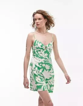 Зеленое льняное платье мини с принтом Topshop