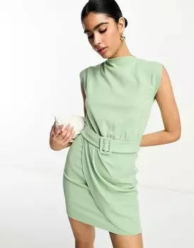 Зеленое мини-платье без рукавов с поясом и юбкой с запахом ASOS DESIGN