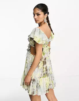 Зеленое мини-платье с открытыми плечами и высоким низким подолом ASOS DESIGN