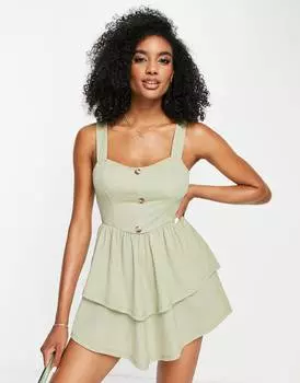 Зеленое мини-платье с ремешками, юбкой ра-ра и пуговицами ASOS DESIGN