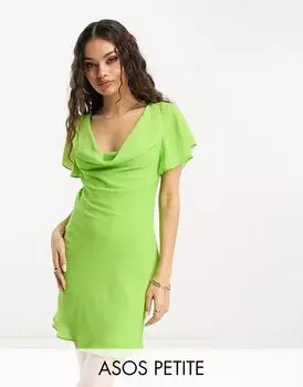 Зеленое мини-платье с воротником-хомутом и рукавами с рюшами ASOS DESIGN Petite