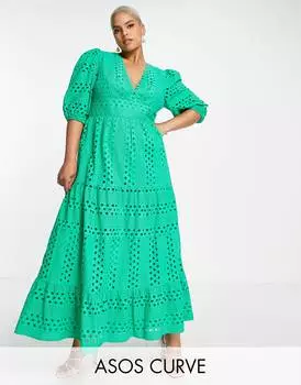 Зеленое многоярусное платье миди с вырезом на пуговицах ASOS Curve