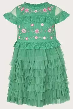 Зеленое многослойное платье крючком с вышивкой Monsoon, зеленый