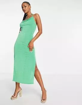 Зеленое мягкое пляжное платье миди ASOS с завязками на плече и воротником-хомутом