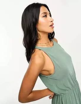 Зеленое облегающее платье макси с вырезом-борцовкой и разрезами по бокам Vila Petite