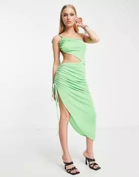 Зеленое облегающее платье миди из джерси с вырезами и рюшами Topshop