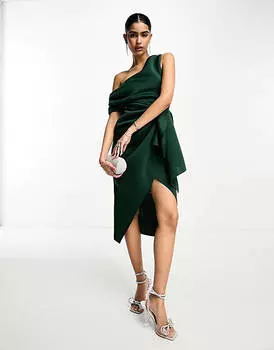 Зеленое облегающее платье миди с присборенными плечами и защипами ASOS DESIGN