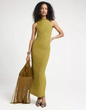 Зеленое облегающее платье миди с высоким воротником и сборками River Island