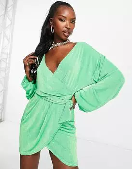 Зеленое облегающее платье с объемными рукавами и запахом ASOS DESIGN