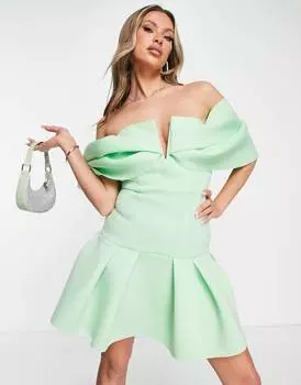 Зеленое пепельное мини-платье с драпировкой и оборками ASOS DESIGN ASOS DESIGN