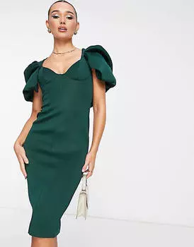 Зеленое платье-карандаш миди с объемными рукавами и швами ASOS DESIGN