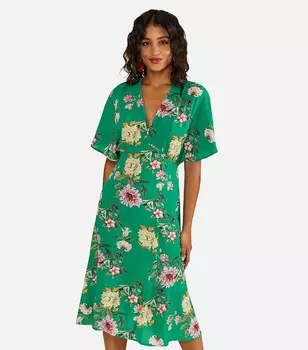 Зеленое платье-кимоно миди Yumi с цветочным принтом и V-образным вырезом Yumi, зеленый