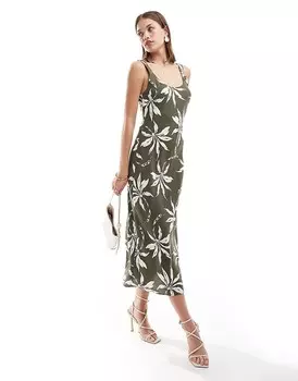 Зеленое платье-комбинация миди New Look с цветочным принтом