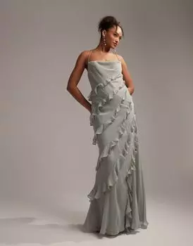 Зеленое платье макси на бретельках с оборками ASOS DESIGN Bridesmaids