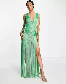 Зеленое платье макси с драпировкой и бахромой ASOS DESIGN
