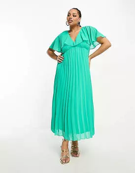 Зеленое платье макси с плиссированным подолом и рукавами-накидкой ASOS DESIGN Curve