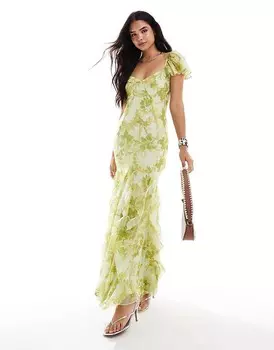 Зеленое платье макси с развевающимися рукавами и вставками с рюшами ASOS DESIGN