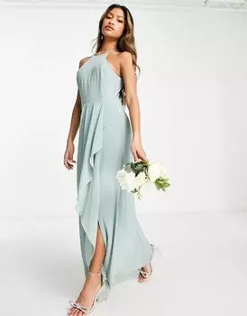 Зеленое платье макси с вырезом халтер и вырезом на спине Vila Bridesmaid