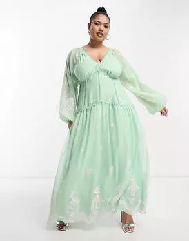 Зеленое платье макси с вышивкой и открытой спиной ASOS DESIGN Curve