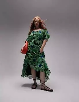 Зеленое платье миди для особого случая Topshop с цветочным принтом, завязками на спине и необработанным подолом