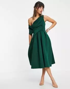 Зеленое платье миди для выпускного с открытыми плечами ASOS DESIGN