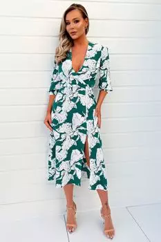 Зеленое платье миди манжетами и цветочным принтом AX Paris, зеленый