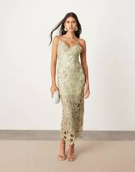 Зеленое платье миди на бретелях и с глубоким вырезом на спине ASOS EDITION