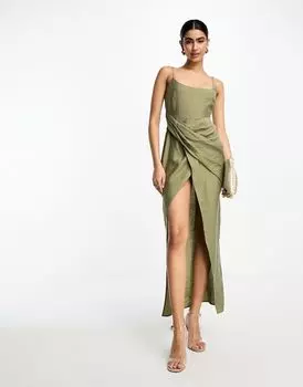 Зеленое платье миди на бретелях с драпированной юбкой ASOS DESIGN