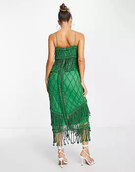 Зеленое платье миди с бахромой и деревянными бусинами ASOS DESIGN