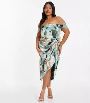 Зеленое платье миди с бардо и принтом QUIZ Curves QUIZ, зеленый