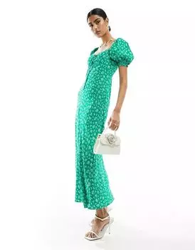 Зеленое платье миди с цветочным принтом и пышными рукавами Forever New