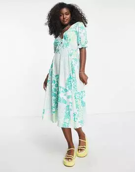 Зеленое платье миди с цветочным принтом и завязками спереди ASOS DESIGN