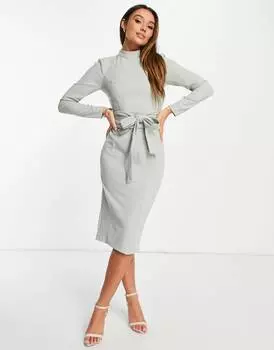 Зеленое платье миди с длинными рукавами и поясом оби ASOS DESIGN