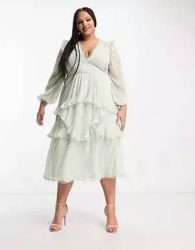 Зеленое платье миди с длинными рукавами и круглой окантовкой ASOS DESIGN Curve