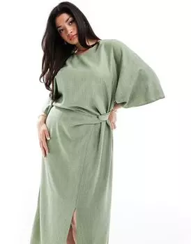 Зеленое платье миди с драпировкой и хлястиком на талии ASOS DESIGN Curve