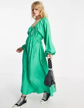 Зеленое платье миди с фактурной отделкой и сборками Topshop
