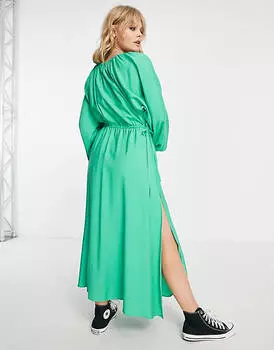 Зеленое платье миди с фактурной отделкой и сборками Topshop