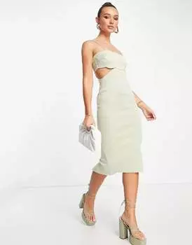 Зеленое платье миди с фестончатым подолом и вырезами ASOS