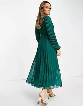 Зеленое платье миди с глубоким вырезом и плиссированным лифом ASOS DESIGN