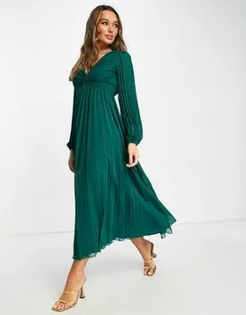 Зеленое платье миди с глубоким вырезом и плиссированным лифом ASOS DESIGN