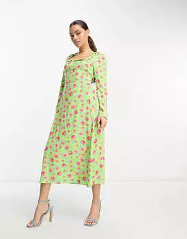 Зеленое платье миди с квадратным вырезом и шнуровкой на спине Vila Petite