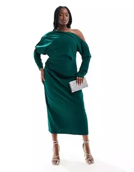 Зеленое платье миди с напуском и приспущенными плечами ASOS DESIGN Curve
